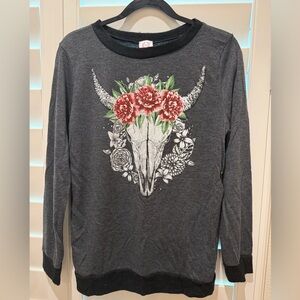 Soft knit Western Style top featuring a Skull & Flower Design